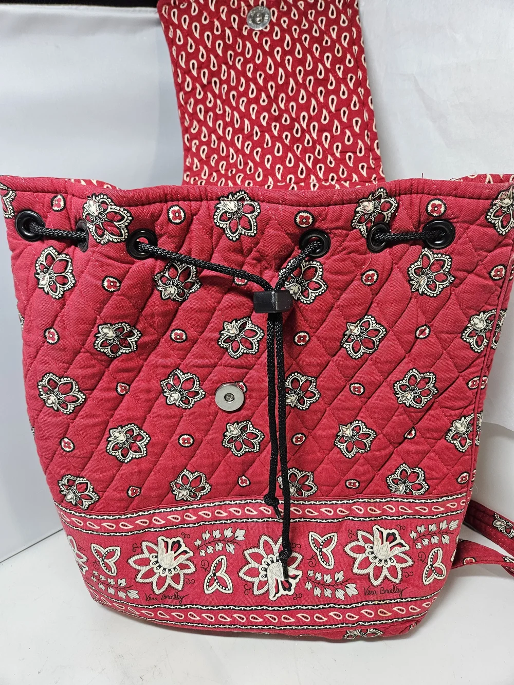 Vera Bradley Red Bandana Print Quilted  Drawstring Tote Backpack Bag